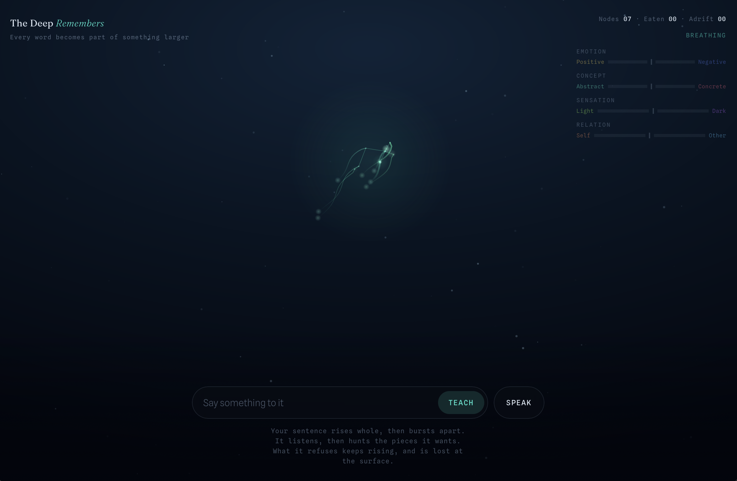 The complete interactive interface with a young organism, semantic dimensions, and language controls
