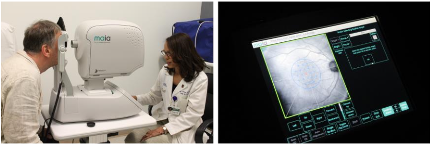 A patient completing a MAIA microperimetry assessment with a clinician, alongside the clinical retinal interface